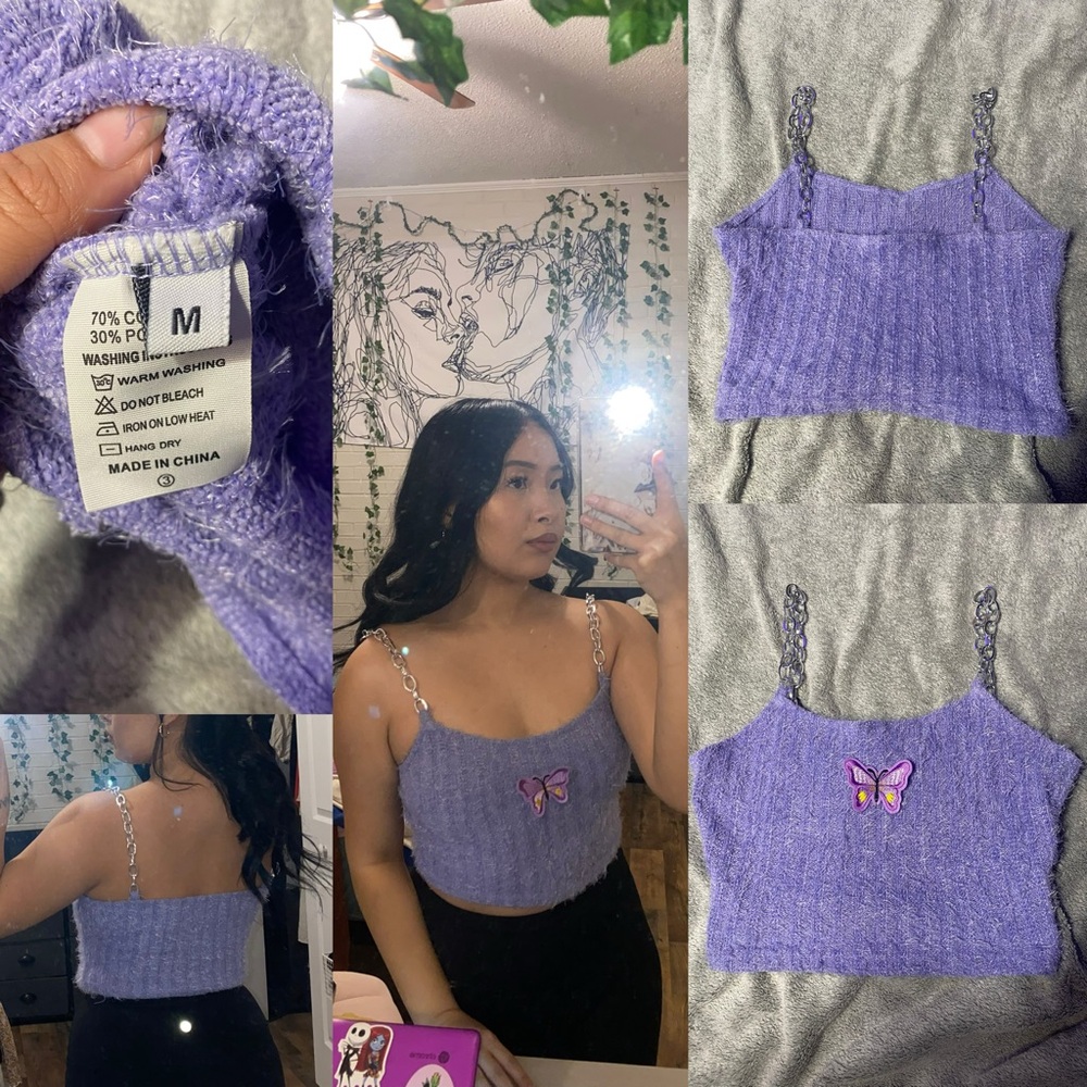 Purple Knit Butterfly Embellished Women's Top